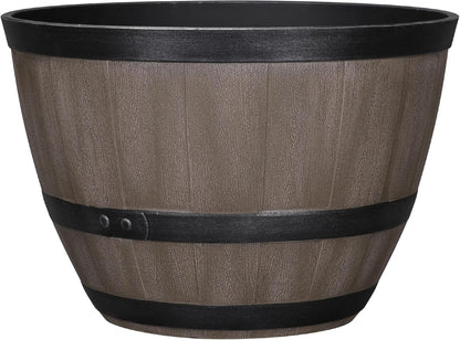 Whiskey Barrel Garden Hose Pot, 18"" Dia. x 12"" H, Walnut Brown – 100% Certified Recycled Resin Outdoor Water Hose Storage with Removable Drainage Plug, UV & Weather Resistant