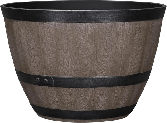 Whiskey Barrel Garden Hose Pot, 18"" Dia. x 12"" H, Walnut Brown – 100% Certified Recycled Resin Outdoor Water Hose Storage with Removable Drainage Plug, UV & Weather Resistant