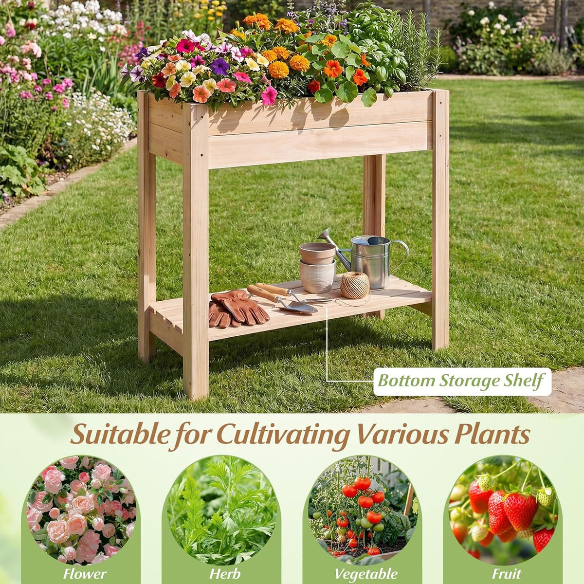 Giantex Wood Raised Garden Bed w/Folding Drop-Leaf Potting Table, Planter Box for Flower Herb Vegetable Fruit, Indoor Outdoor Elevated Raised Beds for Gardening, Backyard, Patio, Balcony