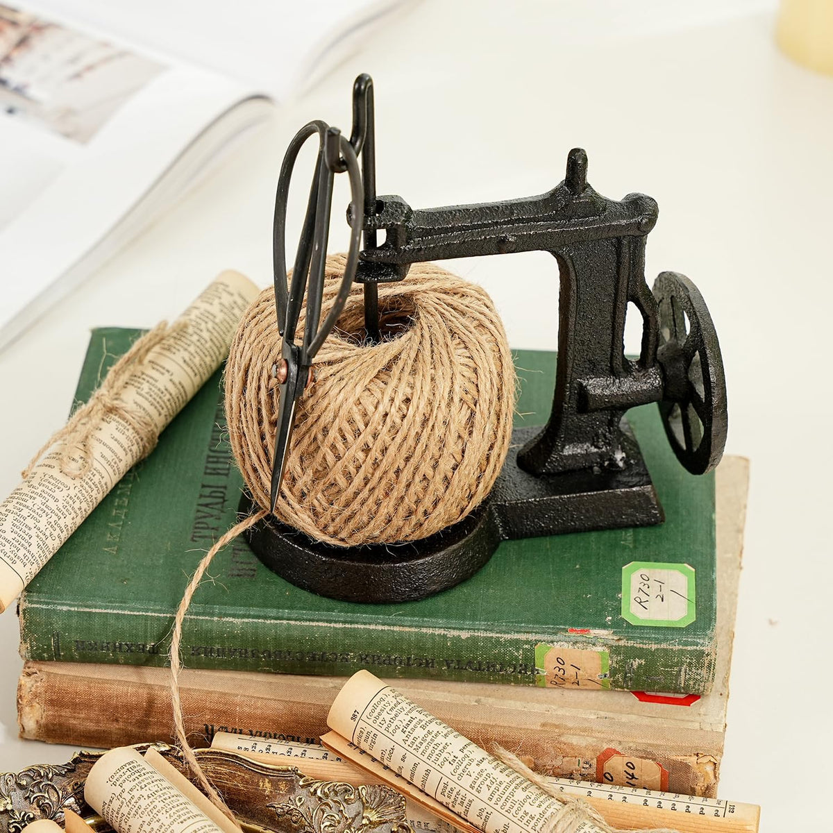 Sungmor Cast Iron Garden Twine Holder Set - 1300ft. Natural Jute Twine String & Rope Rack & Scissors - Decorative & Practical Home Arts Crafts Tools for Picture Display Gift Wrapping Packing Gardening
