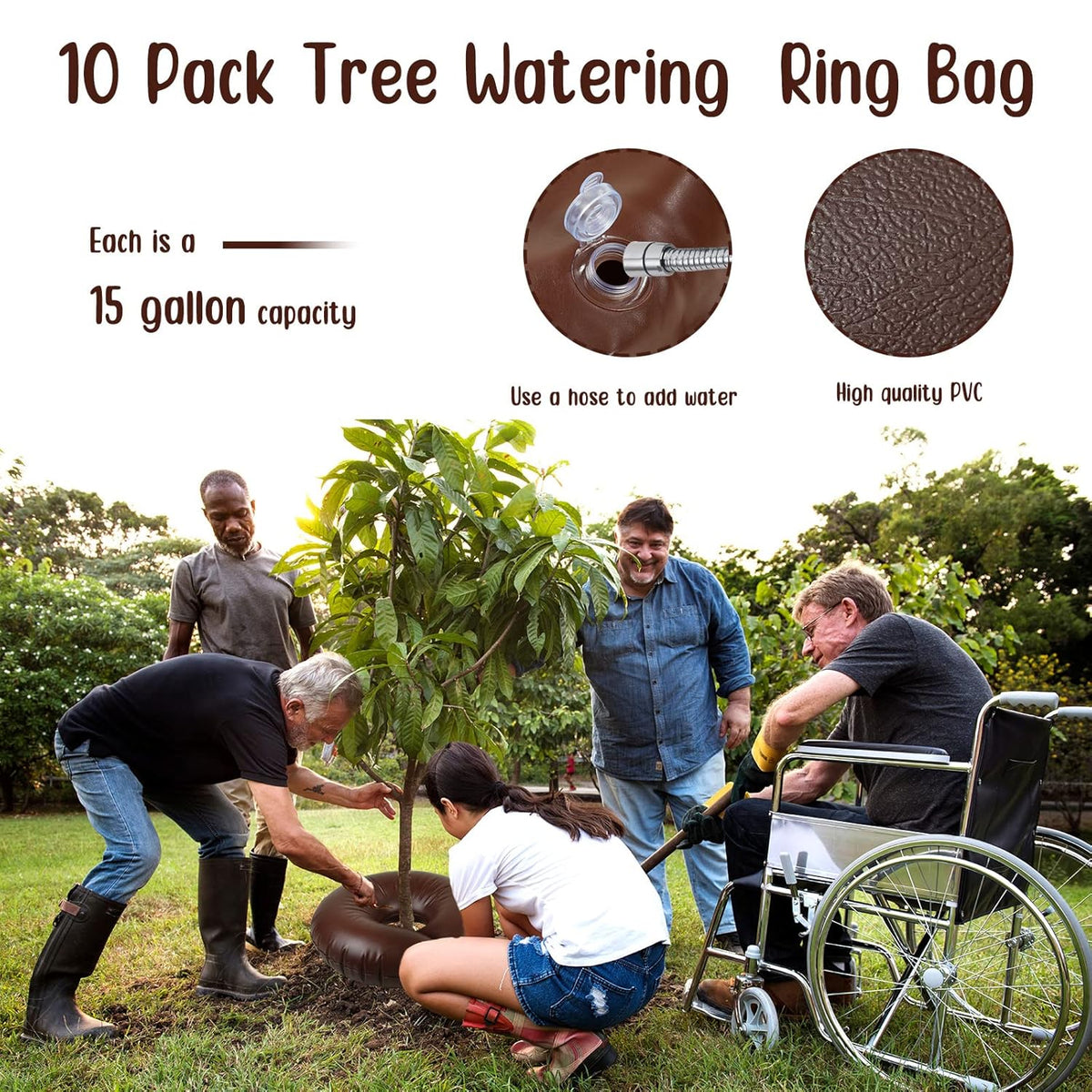 Nuogo 10 Pcs Tree Watering Bag 15 Gallon, Slow Release Watering Ring PVC Planting Water Bag for Trees and Shrub, Automatic Tree Watering System Drip Irrigation Ring, Brown, 35.4 x 35.4 Inch