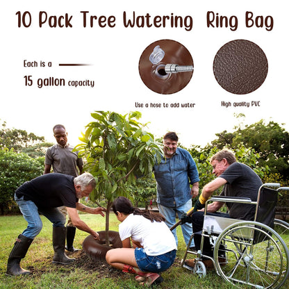 Nuogo 10 Pcs Tree Watering Bag 15 Gallon, Slow Release Watering Ring PVC Planting Water Bag for Trees and Shrub, Automatic Tree Watering System Drip Irrigation Ring, Brown, 35.4 x 35.4 Inch