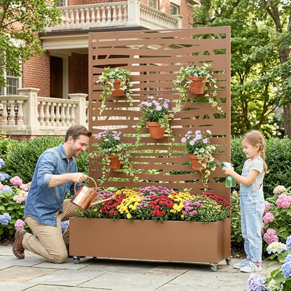 Casaphoria Metal Raised Garden Bed with Trellis and Wheels, 72"x47"x16" Planter Box for Climbing Plants, Vegetables & Vines, Features Drainage Holes and Privacy Screen (Black-Louver) - Colors D