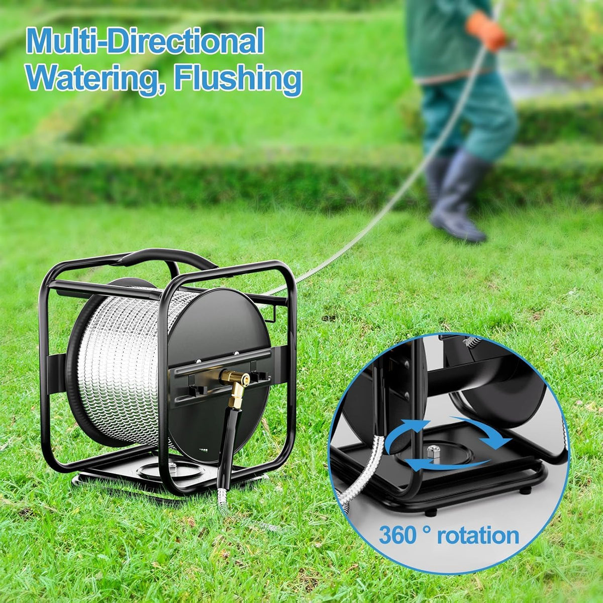 100ft Retractable Garden Hose Reel, Wall Mounted Metal Garden Hose Reel, Heavy Duty Stainless Steel Hose Reel with 9-Pattern Nozzle for Outside, Portable & 360° Rotation Frame