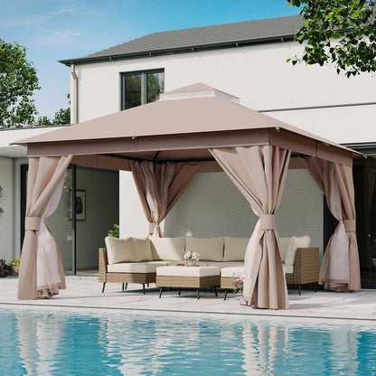 10x20 Gazebo Canopy with 100FT String Lights, Metal Heavy Duty Patio Canopy Tent with Double Roofs, Mosquito Nettings and Privacy Screens for Backyard, Garden, Lawn, Gray