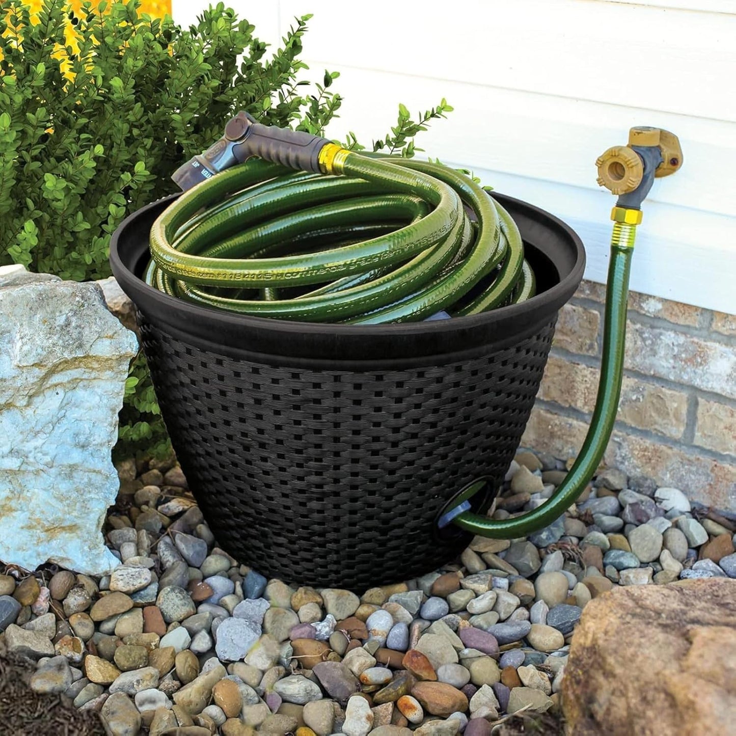 The HC Companies 18 inch Woven Garden Hose Holder, Lightweight UV-Resistant Plastic Water Hose Holder with 100-Foot Capacity, 2-Pack Water Hose Pots for Garden, Patio & Home Organization, Black