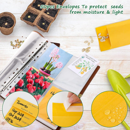 Seed Packet Organizer Binder, Garden Planner Packet with 25 Pack Clear Pocket Sleeves(Slot 3.9" x 5.5") 50Pcs Seed Storage Envelopes, Fit for Standard Seed Packets