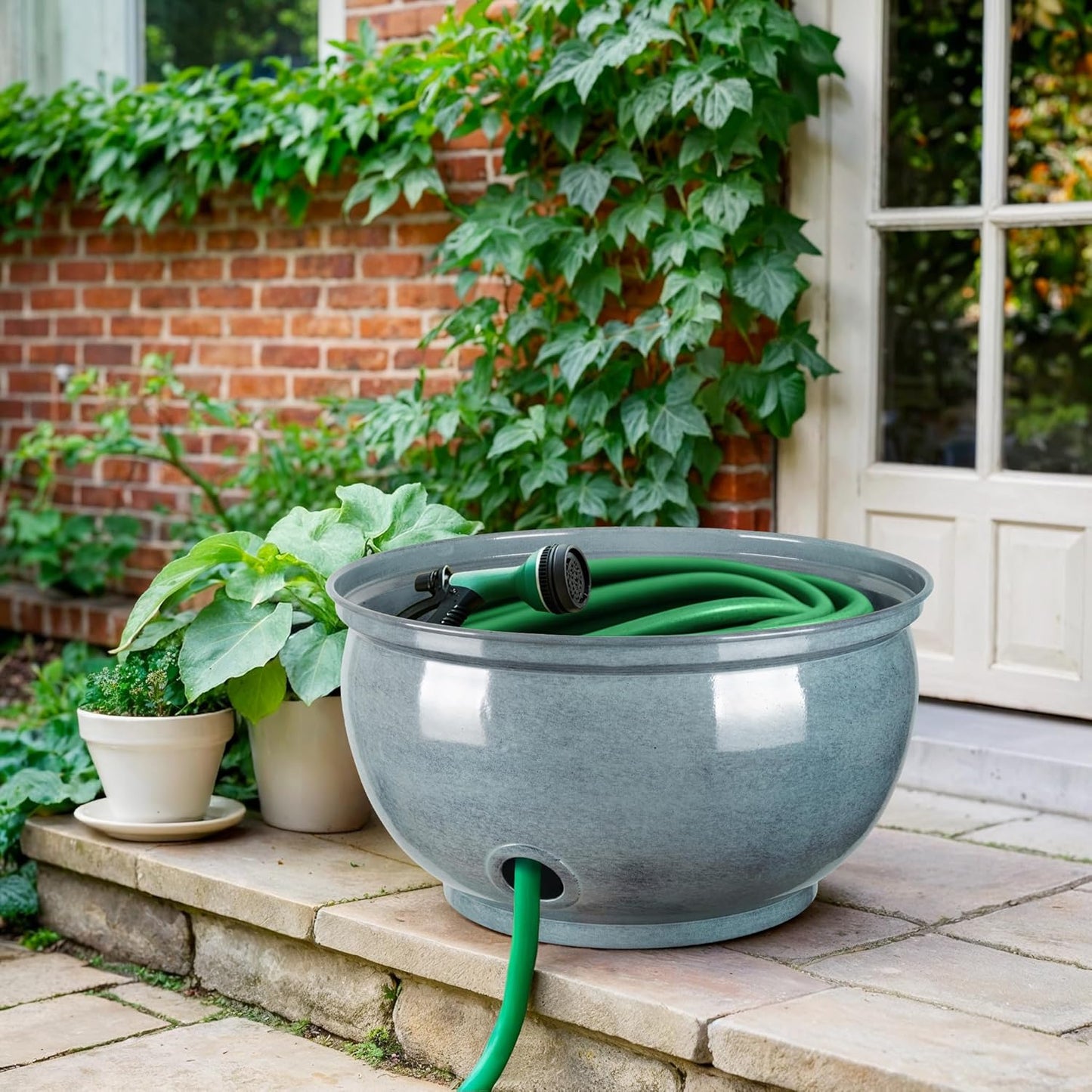 Monarch Abode Garden Hose Holder with Lid – Decorative Water Hose Holders for Outside, Smooth Metal Antique Copper Pot with Drainage, 100ft Waterhose Holder for Outside, Garden Storage Caddy