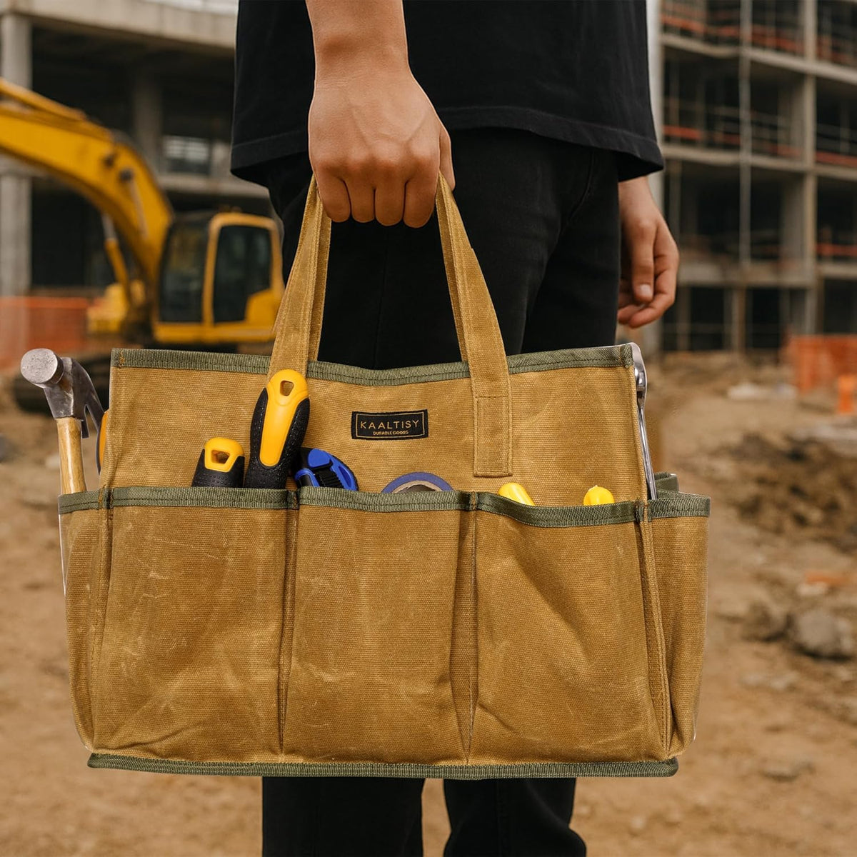 Tool Tote Bag, Heavy Duty 16oz Waxed Canvas Garden Tool Bag | Portable 11-Pocket Tool Storage Bag for Gardener Electrician Contractor Repairman (14"L x 5.5"W x 10.5"H) – Army Green