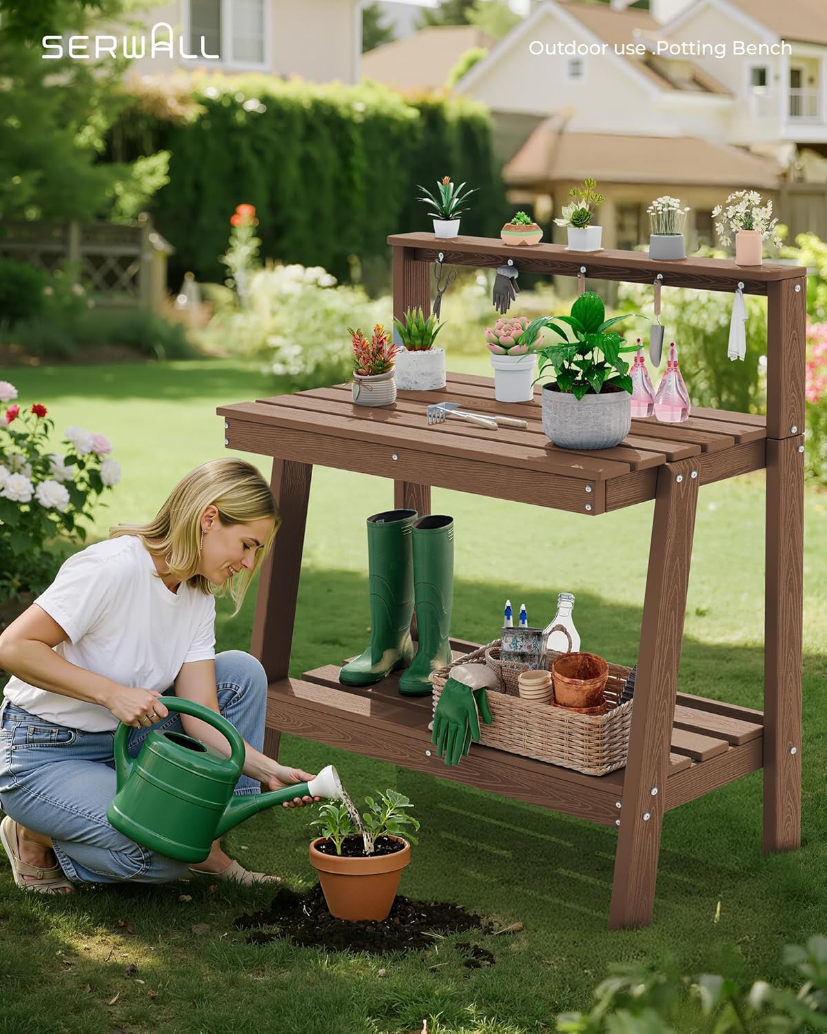 SERWALL Outdoor Potting Bench with Removeable Sink,Rot-Resistant HDPE Potting Table for Outside Gardening, All Weather Use - Gray