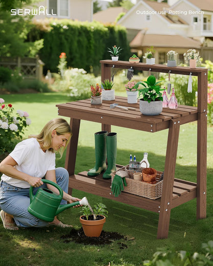 SERWALL Outdoor Potting Bench with Removeable Sink,Rot-Resistant HDPE Potting Table for Outside Gardening, All Weather Use - Gray