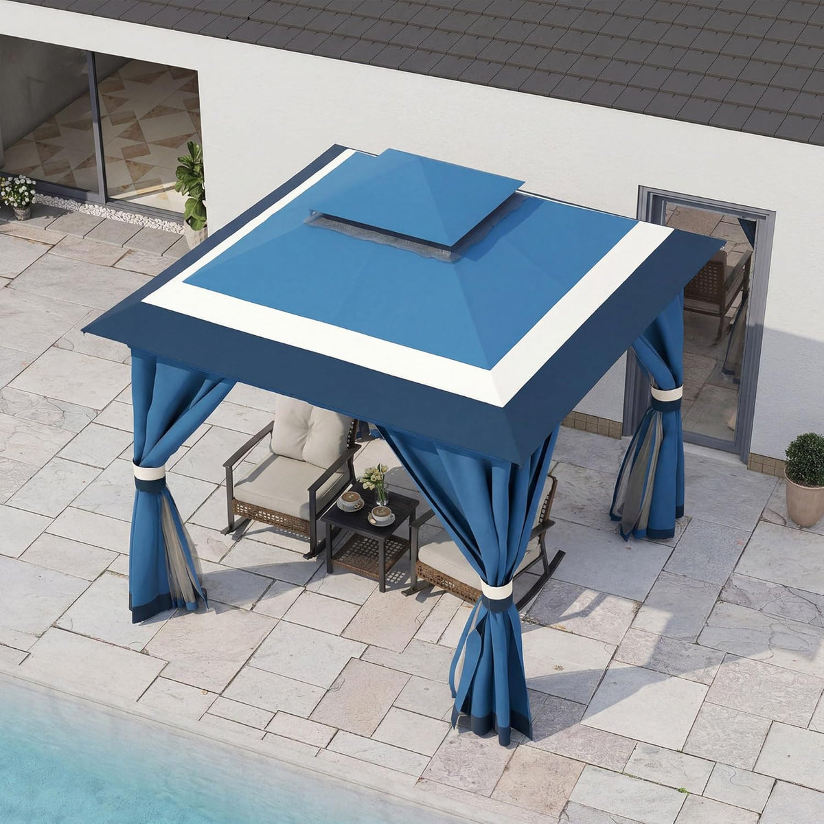 10x20 Gazebo Canopy with 100FT String Lights, Metal Heavy Duty Patio Canopy Tent with Double Roofs, Mosquito Nettings and Privacy Screens for Backyard, Garden, Lawn, Gray