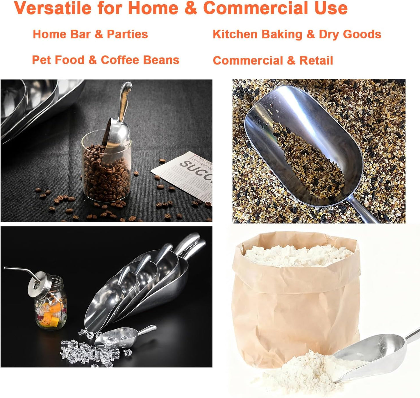 6 OZ Cast Aluminum Utility Scoop, One-Piece Solid Ice Scoop for Ice Bucket, Bar, Kitchen, Multipurpose Food Scooper for Flour, Sugar, Popcorn, Dog Food (Silver) (6OZ)