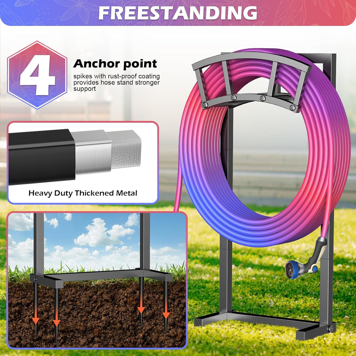 OLV Hose Holder Holds 150-ft Water Pipe, Outdoor Freestanding Heavy Duty Water Hose Holder Reel with 4 Spikes, Detachable Metal Hose Storage Stand Hanger Rack for Outside Yard Lawn Farm, Black