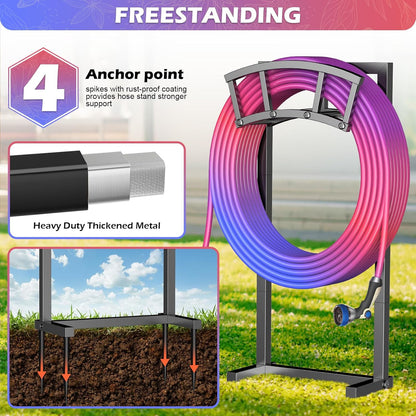 OLV Hose Holder Holds 150-ft Water Pipe, Outdoor Freestanding Heavy Duty Water Hose Holder Reel with 4 Spikes, Detachable Metal Hose Storage Stand Hanger Rack for Outside Yard Lawn Farm, Black