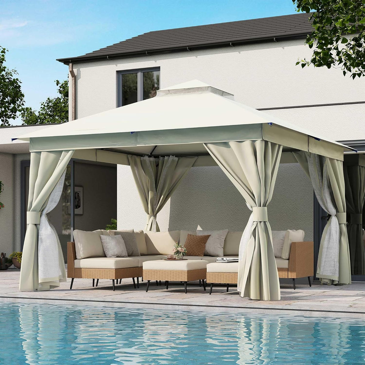 10x20 Gazebo Canopy with 100FT String Lights, Metal Heavy Duty Patio Canopy Tent with Double Roofs, Mosquito Nettings and Privacy Screens for Backyard, Garden, Lawn, Gray