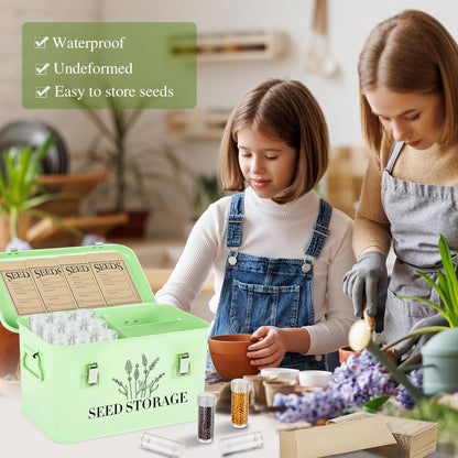 60 Slots Seed Storage Box with 4 Dividers, Metal Seed Storage Organizer Saving Box, Seeds Packet Container, Professional All-in-One Kit with 60 Seeds Envelopes and Label Stickers