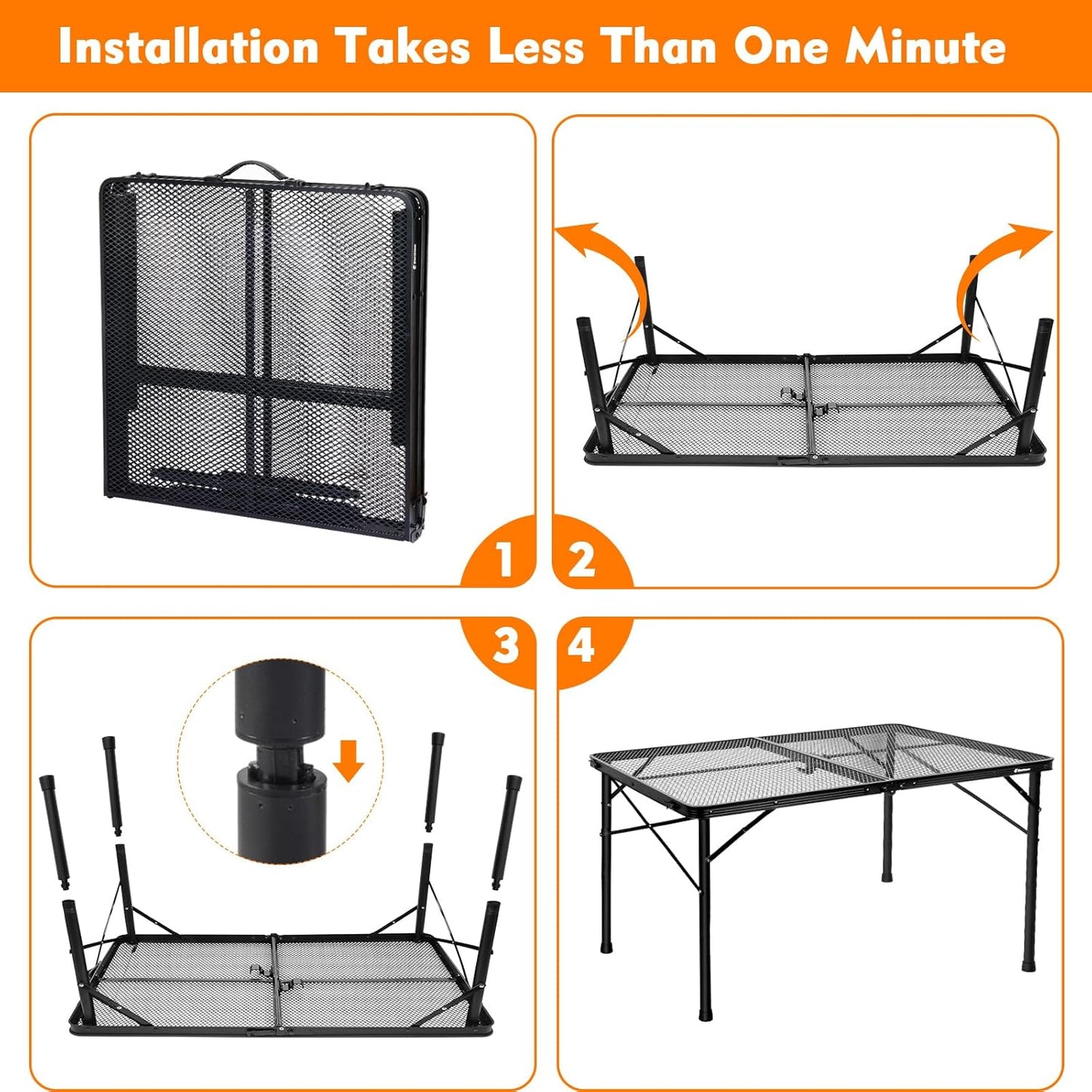 2Ft Small Folding Table with Carry Handle, Camping Table Adjustable Height 10.6–22 in, Black Metal Mesh, Portable & Compact for Outdoor/Indoor,Grill Table, 23.6×15.8 in, 4 lb, 66 lb Capacity