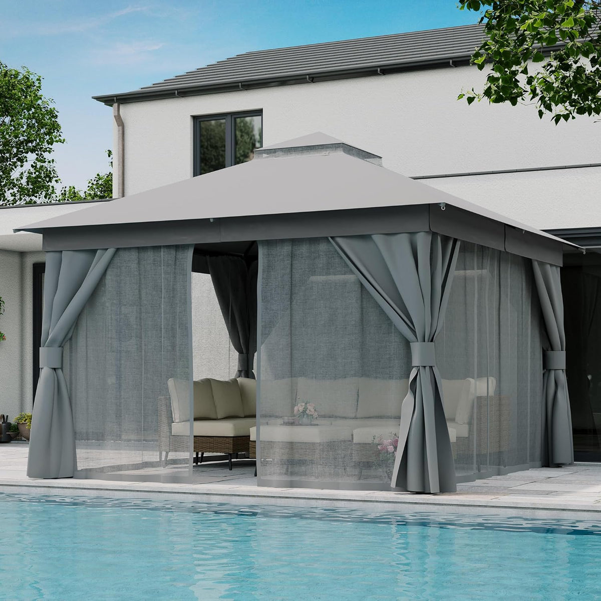 10x20 Gazebo Canopy with 100FT String Lights, Metal Heavy Duty Patio Canopy Tent with Double Roofs, Mosquito Nettings and Privacy Screens for Backyard, Garden, Lawn, Gray