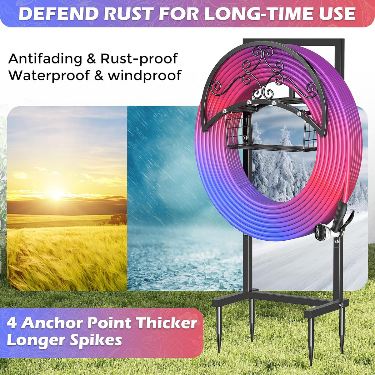 OLV Hose Holder Holds 150-ft Water Pipe, Outdoor Freestanding Heavy Duty Water Hose Holder Reel with 4 Spikes, Detachable Metal Hose Storage Stand Hanger Rack for Outside Yard Lawn Farm, Black