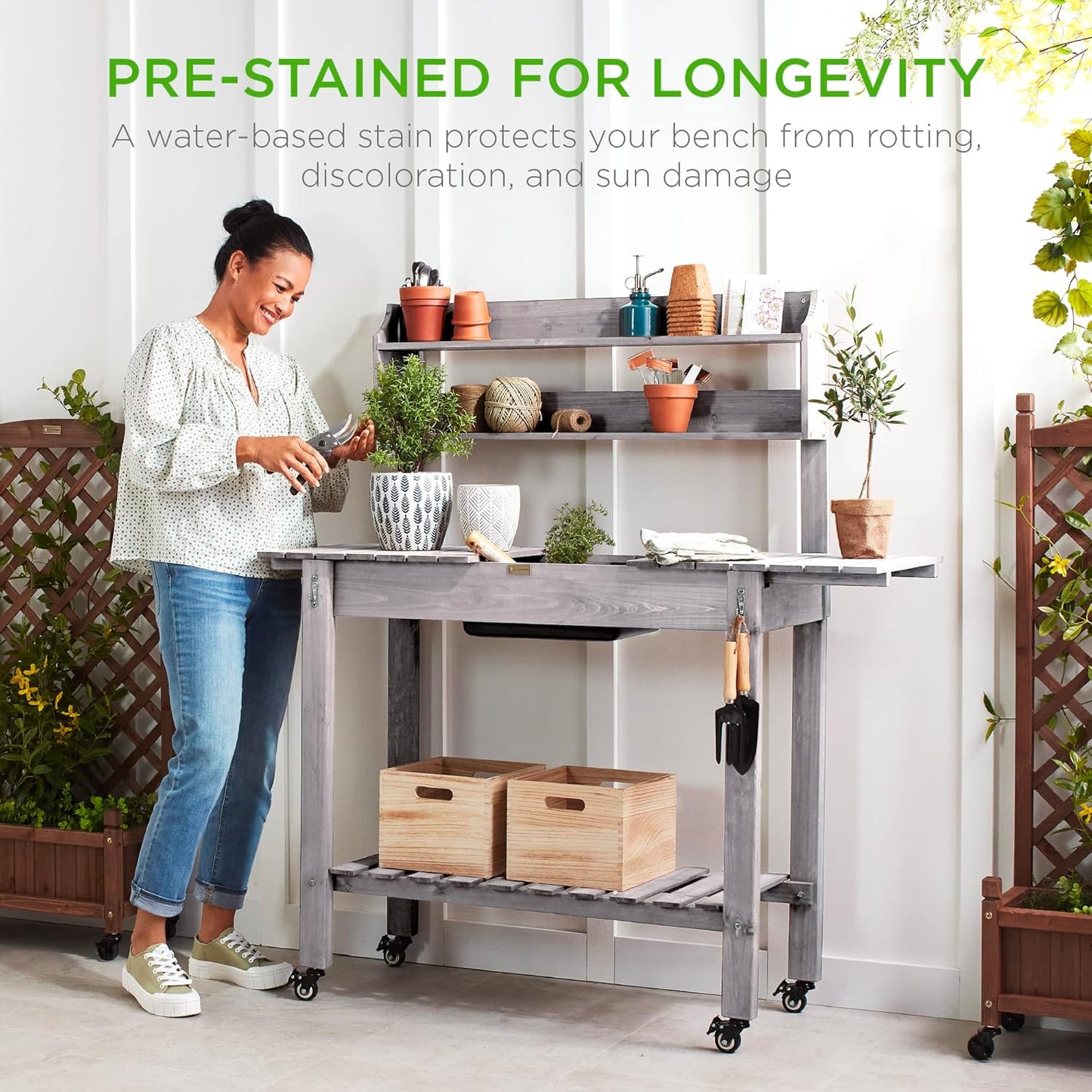 Best Choice Products Mobile Garden Potting Bench, Outdoor Wood Workstation Table w/Sliding Tabletop, 4 Locking Wheels, Food Grade Dry Sink, Storage Shelves - Sage Green