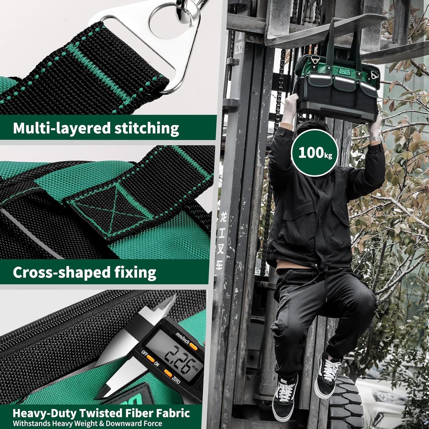 GrenPRO Garden Tool Bag Molded Bottom, Heavy Duty Tool Tote Toolbox with 10 Pockets, Reinforced & Top Snap Closure for Gardening Tools Storage, Dark Green(Tools Not Included)