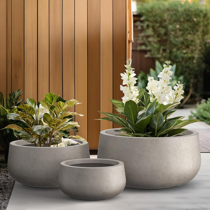 Kante 15.7" Dia Round Concrete Planter, Outdoor Indoor Garden Plant Pots with Drainage Hole and Rubber Plug, Modern Curvaceous Design, Slate Gray