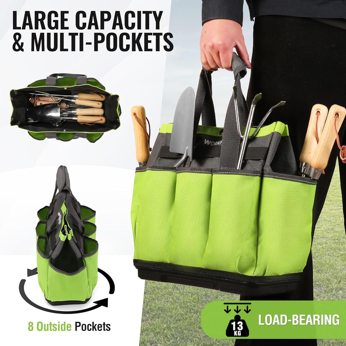 WORKPRO Garden Tool Bag with Waterproof Plastic Base, 8 Pockets Gardening Bag, Heavy Duty Oxford Garden Tote Caddy, Gardening Tool Kit Holder for Indoor and Outdoor(Tools NOT Included)