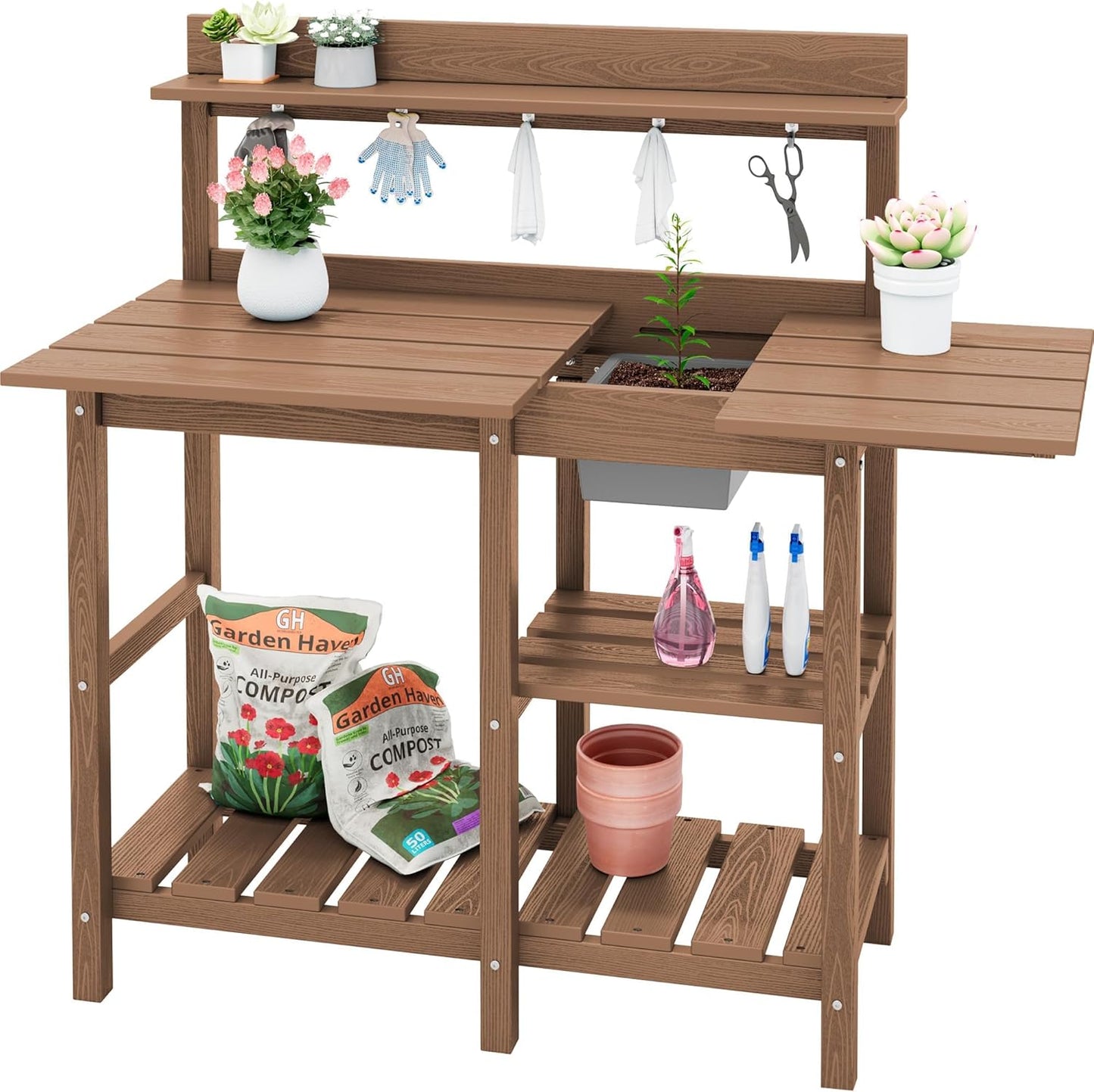 SERWALL Outdoor Potting Bench with Removeable Sink,Rot-Resistant HDPE Potting Table for Outside Gardening, All Weather Use - Gray
