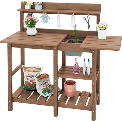 SERWALL Outdoor Potting Bench with Removeable Sink,Rot-Resistant HDPE Potting Table for Outside Gardening, All Weather Use - Gray