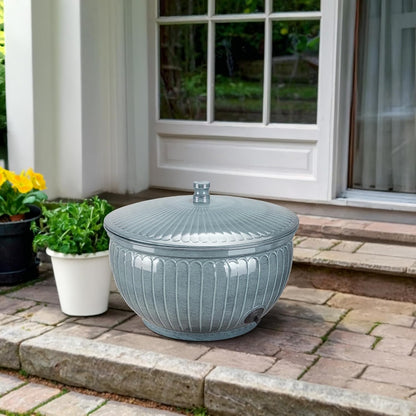 Monarch Abode Garden Hose Holder with Lid – Decorative Water Hose Holders for Outside, Arch Embossed Metal Patina Pot with Drainage, 100ft Waterhose Holder for Outside, Garden Storage Caddy