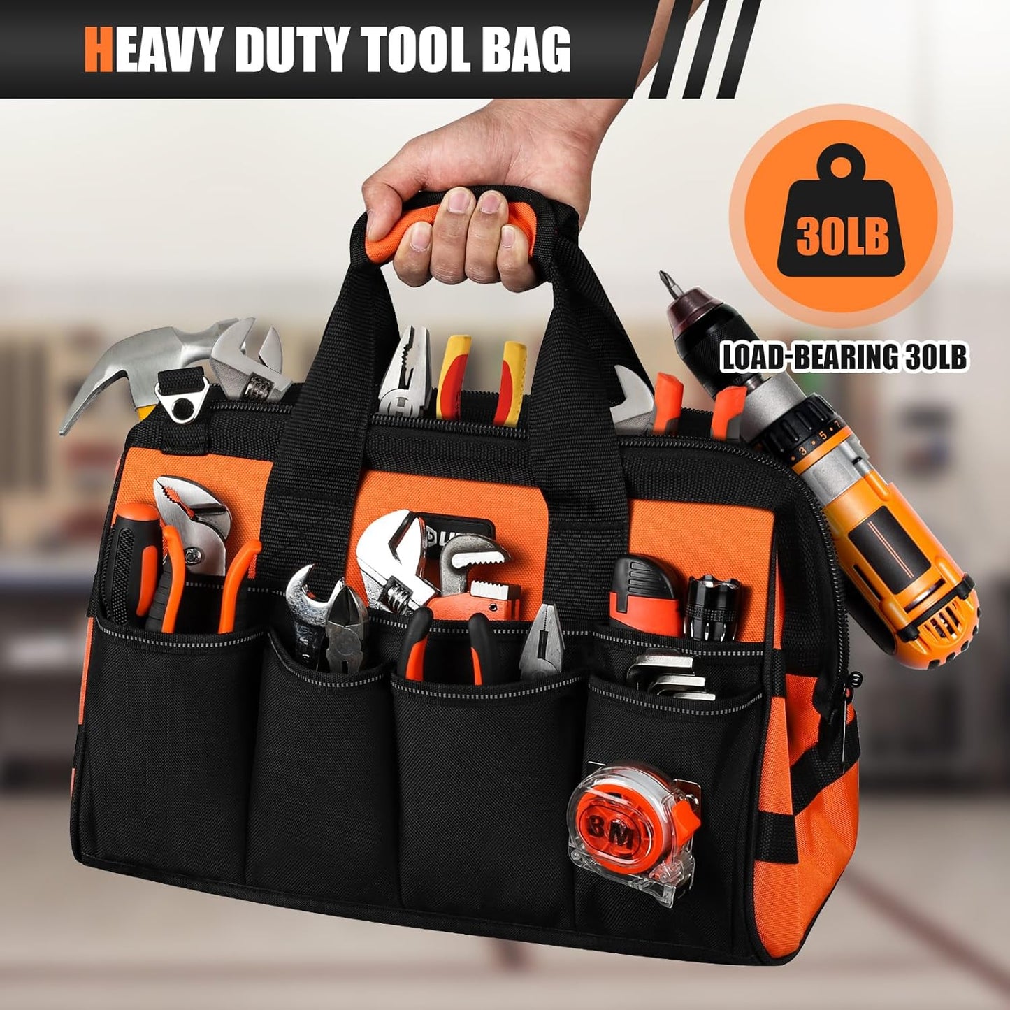 UUP Heavy Duty Tool Bag 15-Inch, 16-Pocket Portable Empty Tool Box Organizer, Big Storage Toolbox Organization, Soft Handle Large Zipper Carrying Toolbag, Father Day Gifts for Him Dad Men, Green