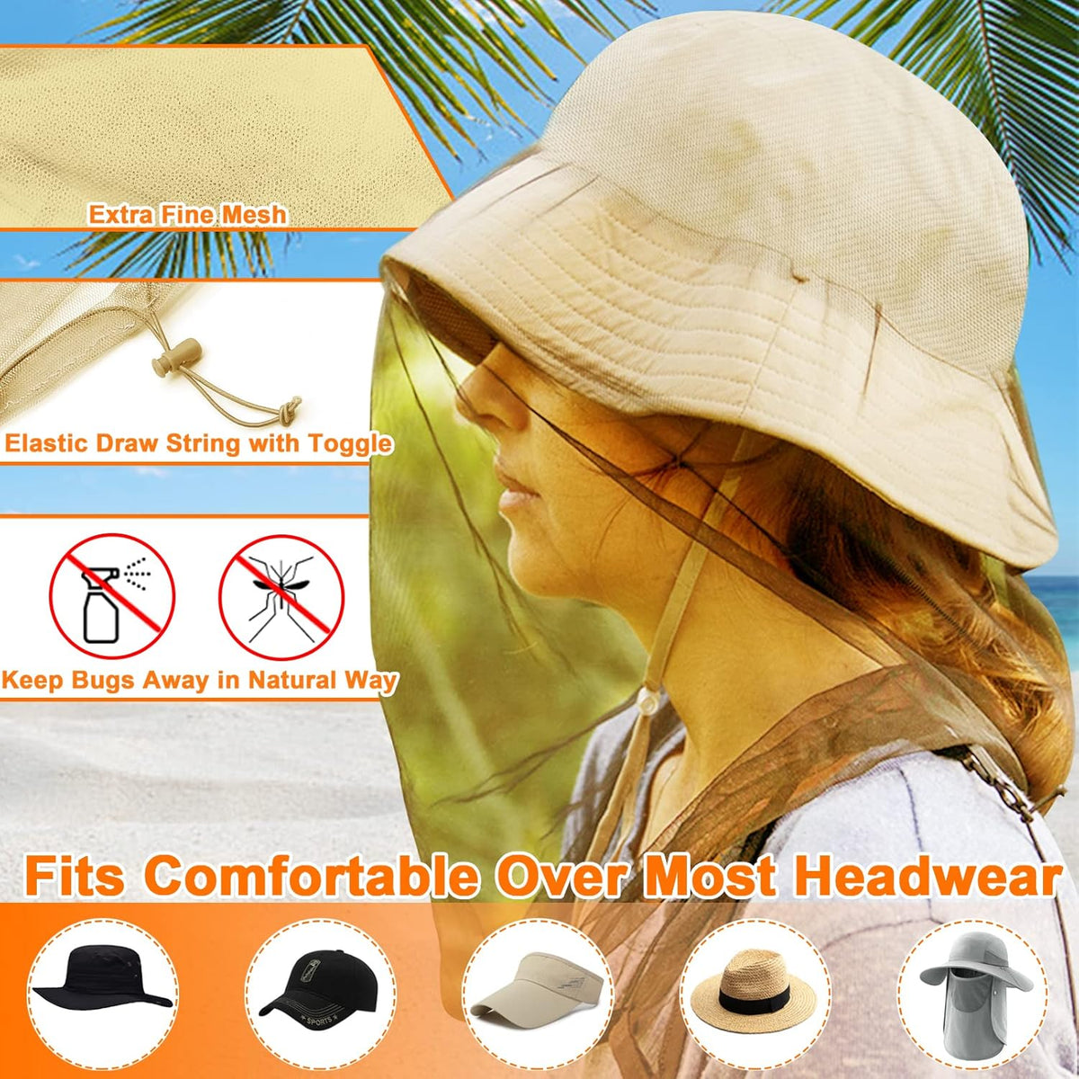 Benvo Mosquito Head Net Mesh, Face Neck Fly Netting Hood from Bugs Gnats Noseeums Screen Net for Any Outdoor Lover- with Carry Bags Fits Most Sizes of Hats Caps (2pcs, Black, Updated Big Net)