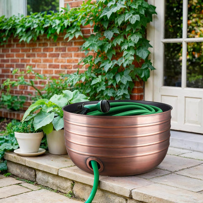 Monarch Abode Garden Hose Holder with Lid – Decorative Water Hose Holders for Outside, Border Embossed Metal Patina Pot with Drainage, 100ft Waterhose Holder for Outside, Garden Storage Caddy