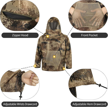 Mosquito Netting Suit Bug Net Mesh Clothing with Hood Outdoor Garden Hunting Camo Protection from Fly Insects Bugs