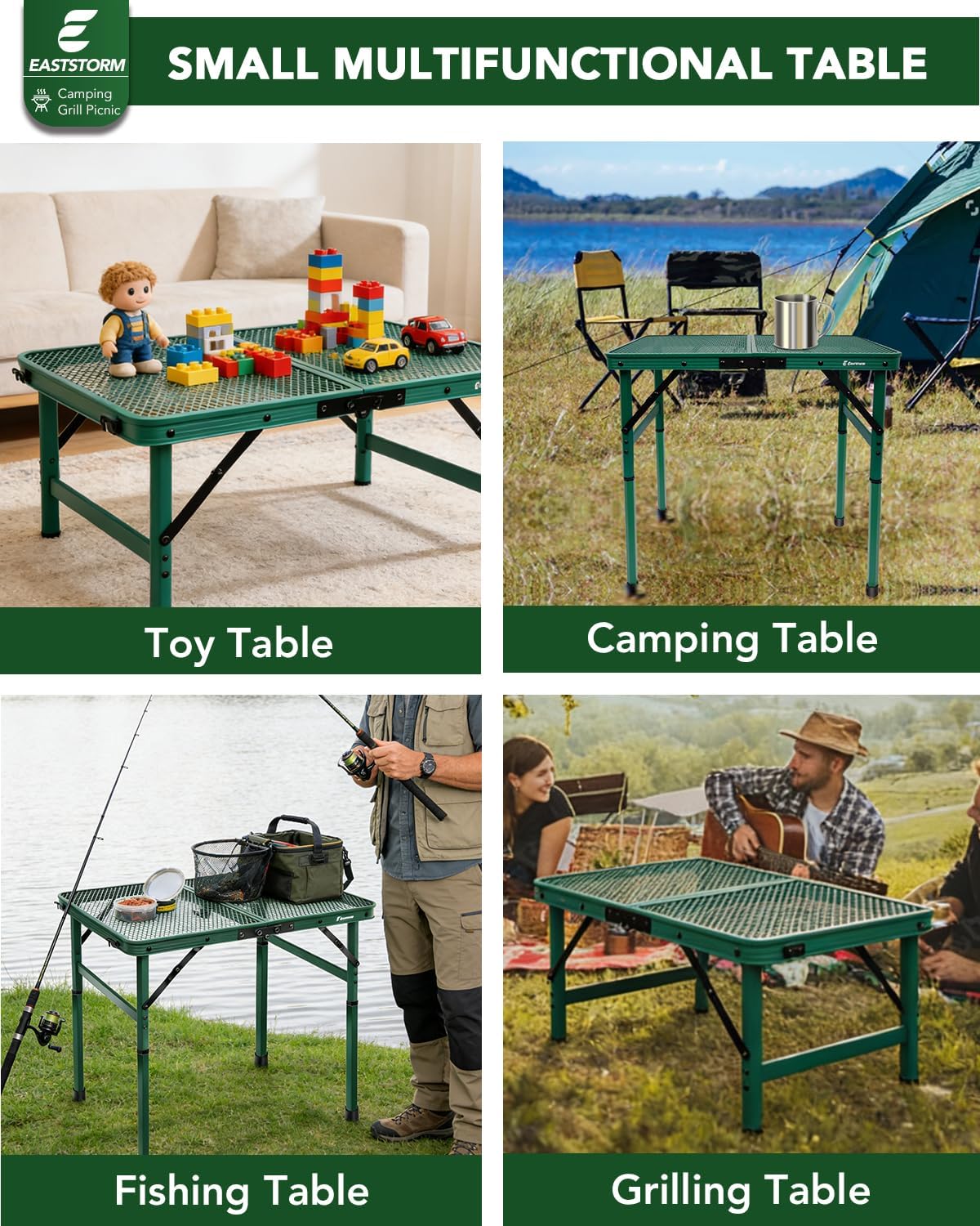 2Ft Small Folding Table with Carry Handle, Camping Table Adjustable Height 10.6–22 in, Black Metal Mesh, Portable & Compact for Outdoor/Indoor,Grill Table, 23.6×15.8 in, 4 lb, 66 lb Capacity