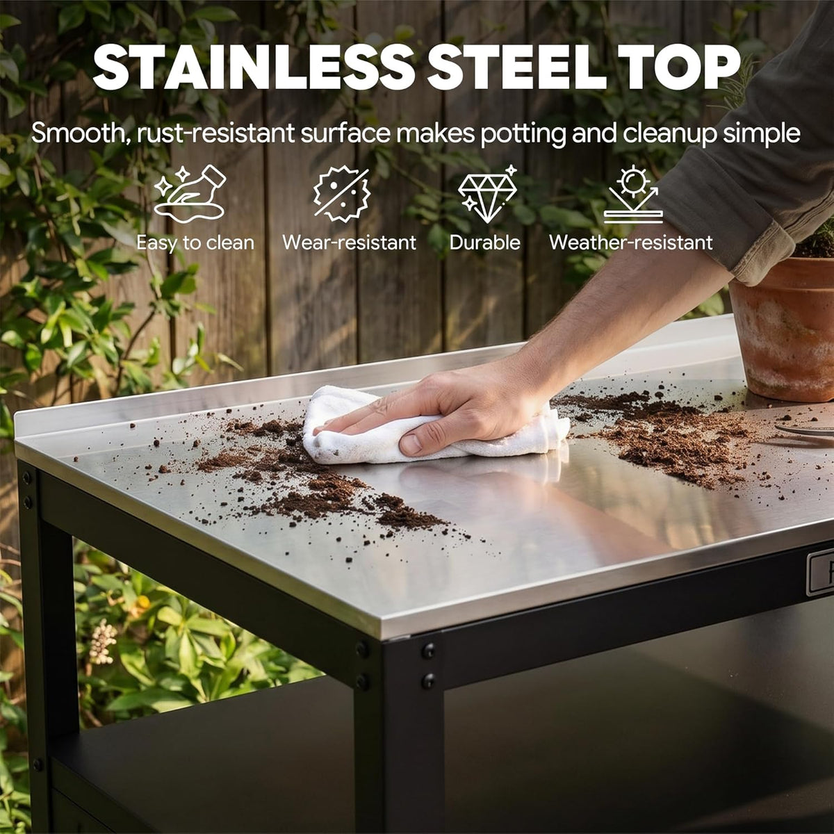 Feasto Outdoor Potting Bench with Storage, Stainless Steel Tabletop Garden Work Bench with Storage Cabinet & Removable Inner Shelf for Patio Lawn Outdoor Gardening