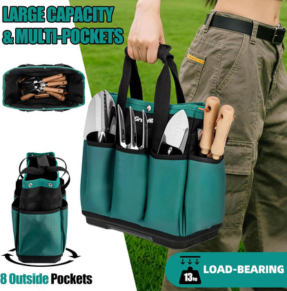 GrenPRO Garden Tool Bag Molded Bottom, Heavy Duty Tool Tote Toolbox with 10 Pockets, Reinforced & Top Snap Closure for Gardening Tools Storage, Dark Green(Tools Not Included)