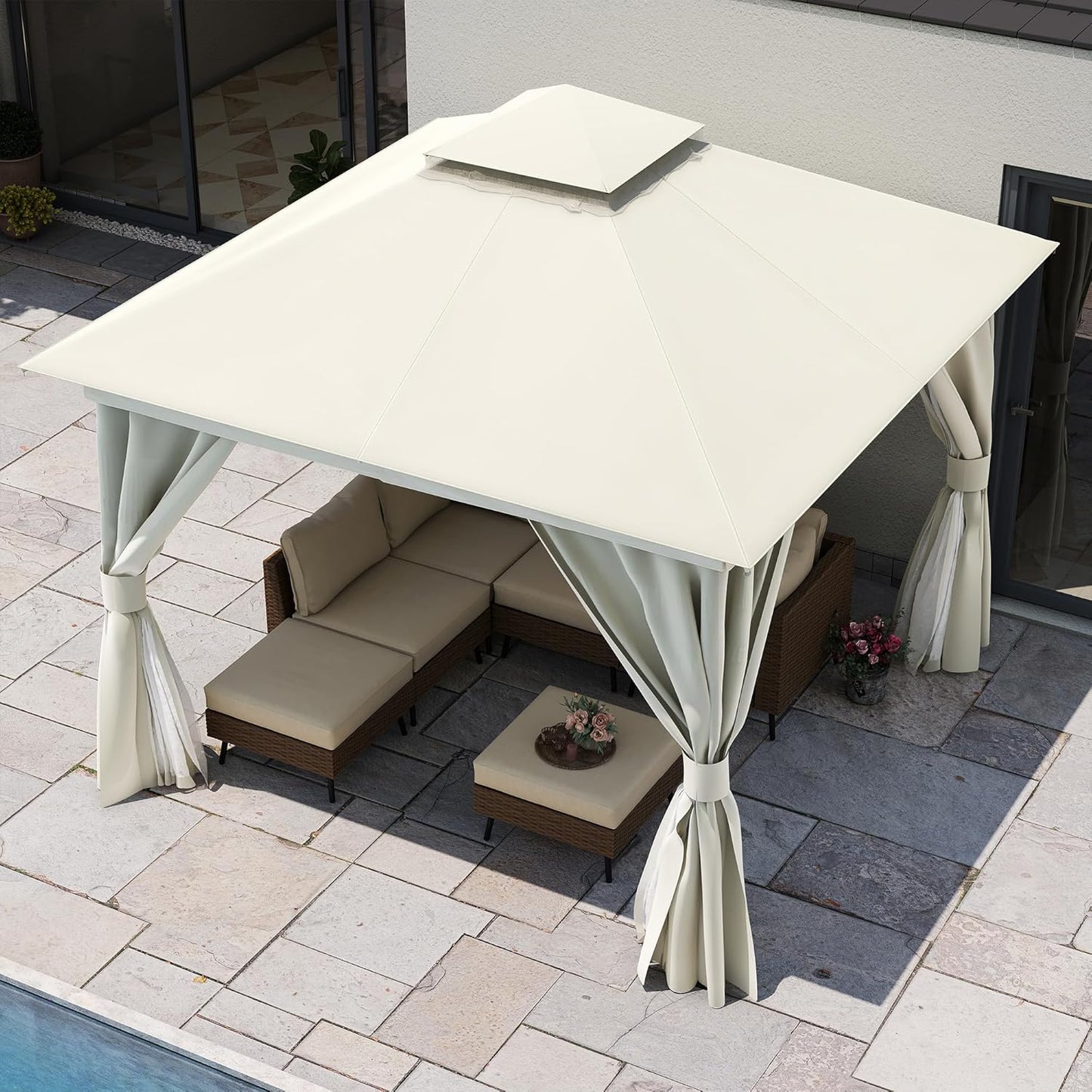 10x20 Gazebo Canopy with 100FT String Lights, Metal Heavy Duty Patio Canopy Tent with Double Roofs, Mosquito Nettings and Privacy Screens for Backyard, Garden, Lawn, Gray