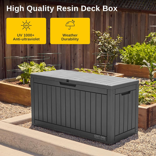 EAST OAK Outdoor Storage Box, 31 Gallon Deck Box Indoor and Outdoor Use, Waterproof Resin Storage Bin for Package Delivery, Patio Cushions, Gardening Tools, Lockable, UV Resistant, Grey