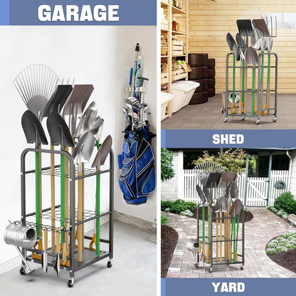 WALMANN Garden Tool Organizer with Wheels for Garage, Large Storage Capacity, Rakes/Shovels/Yard Tools Storage Stand for Shed, Garden, Indoor/Outdoor Long-Handled Tools Rolling Cart