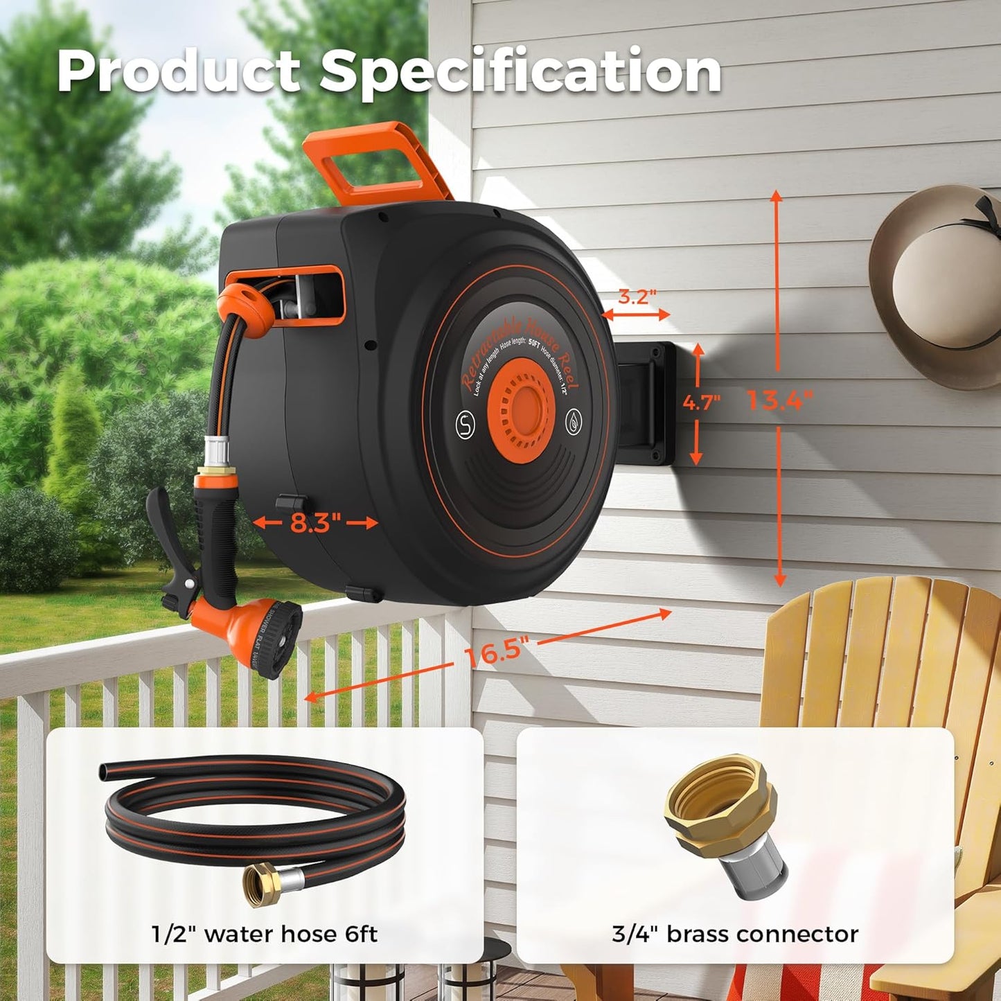 Retractable Garden Hose Reel 65 FT 1/2 IN for Outside, Upgraded 10 Spray Patterns, Heavy Duty Automatic Water Hose Reel with Any Length Lock, Wall Mount, Pro Guide System, 180° Swivel