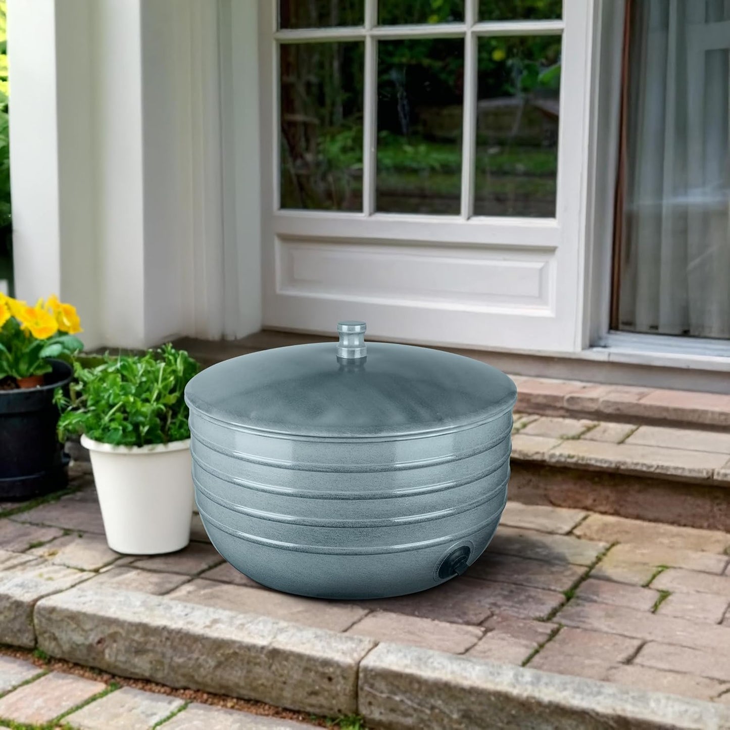 Monarch Abode Garden Hose Holder with Lid – Decorative Water Hose Holders for Outside, Border Embossed Metal Patina Pot with Drainage, 100ft Waterhose Holder for Outside, Garden Storage Caddy