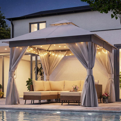 10x20 Gazebo Canopy with 100FT String Lights, Metal Heavy Duty Patio Canopy Tent with Double Roofs, Mosquito Nettings and Privacy Screens for Backyard, Garden, Lawn, Gray