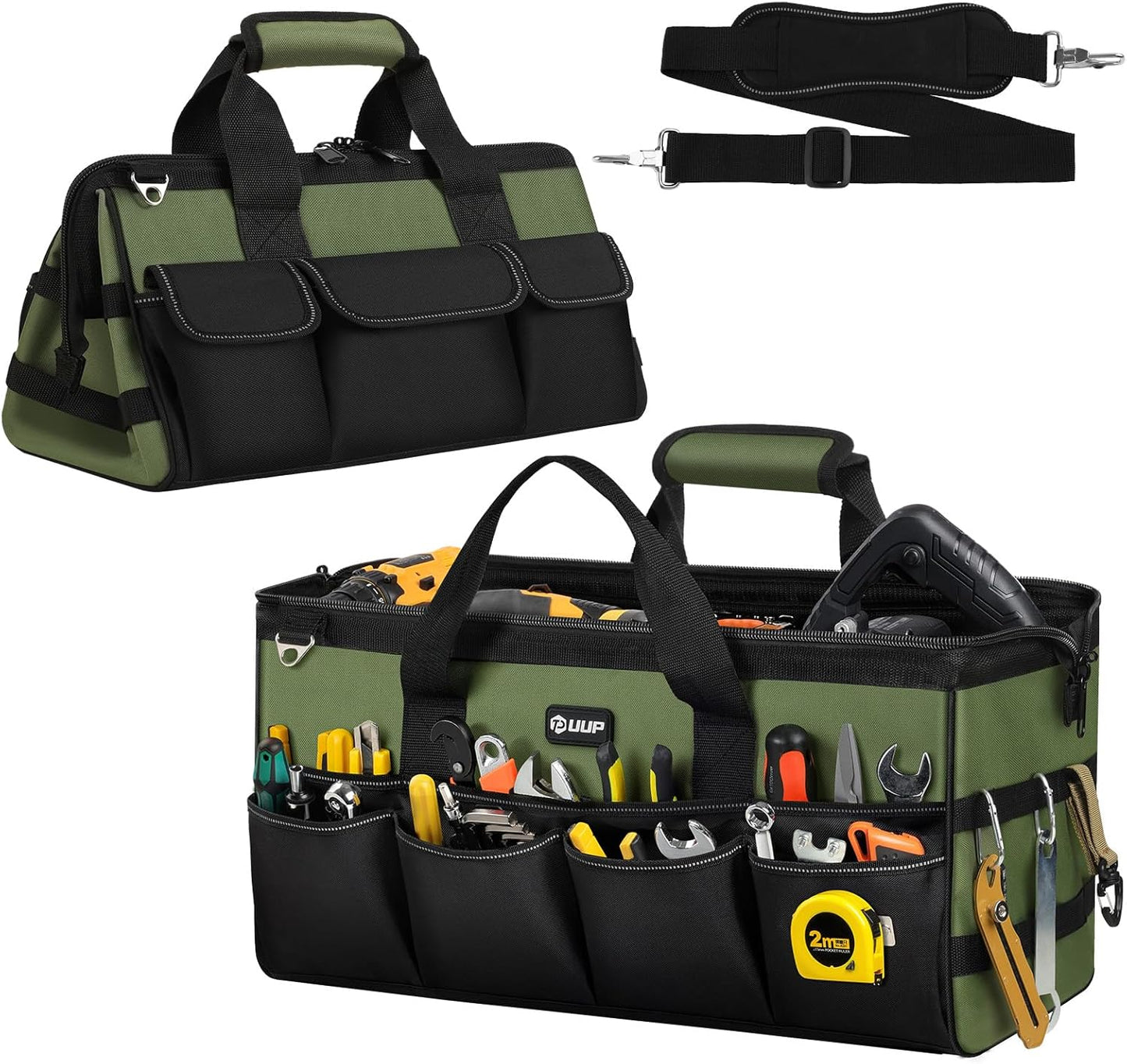 UUP Heavy Duty Tool Bag 15-Inch, 16-Pocket Portable Empty Tool Box Organizer, Big Storage Toolbox Organization, Soft Handle Large Zipper Carrying Toolbag, Father Day Gifts for Him Dad Men, Green