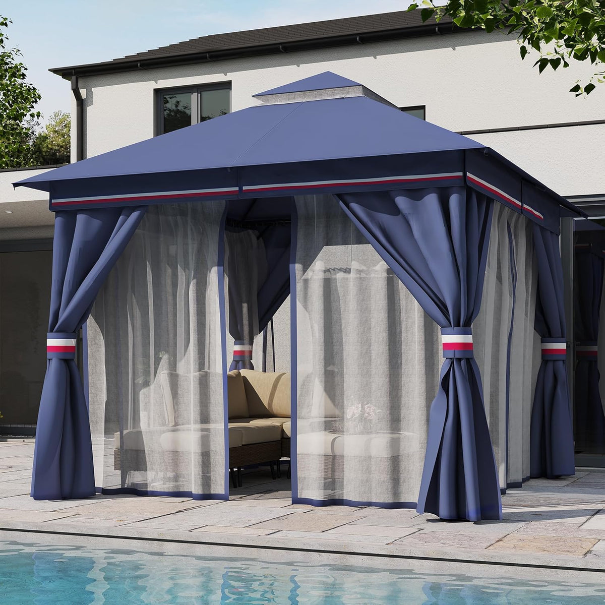 10x20 Gazebo Canopy with 100FT String Lights, Metal Heavy Duty Patio Canopy Tent with Double Roofs, Mosquito Nettings and Privacy Screens for Backyard, Garden, Lawn, Gray