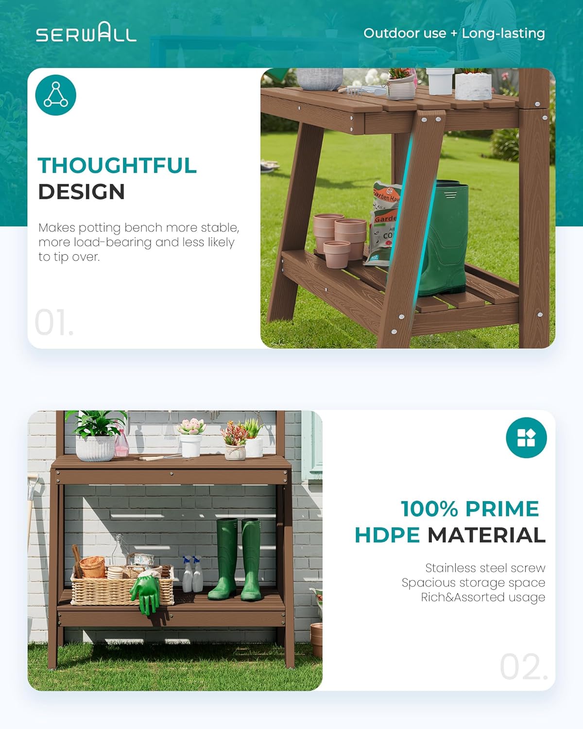 SERWALL Outdoor Potting Bench with Removeable Sink,Rot-Resistant HDPE Potting Table for Outside Gardening, All Weather Use - Gray