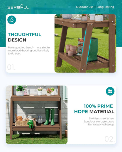 SERWALL Outdoor Potting Bench with Removeable Sink,Rot-Resistant HDPE Potting Table for Outside Gardening, All Weather Use - Gray