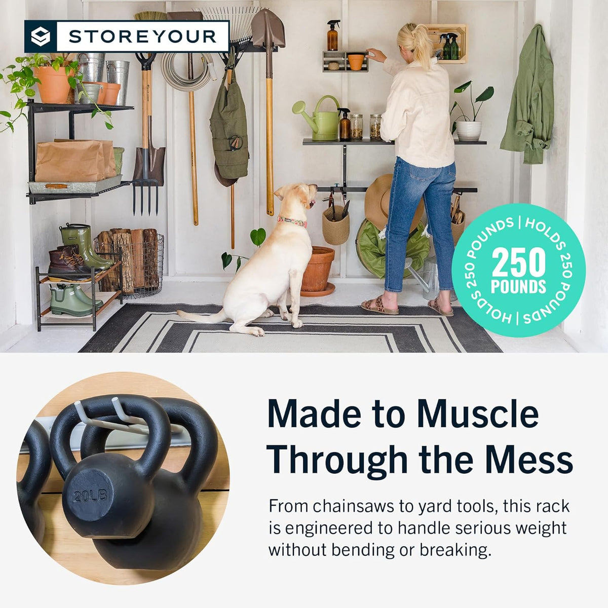 StoreYourBoard 36" Garage Tool Organizer Wall Mount | Garden Tool Organizer System | Heavy Duty Garden Tool Storage Rack for Yard Tools Rakes Shovels 250lbs Garage Organization | 4 PVC Coated Hooks
