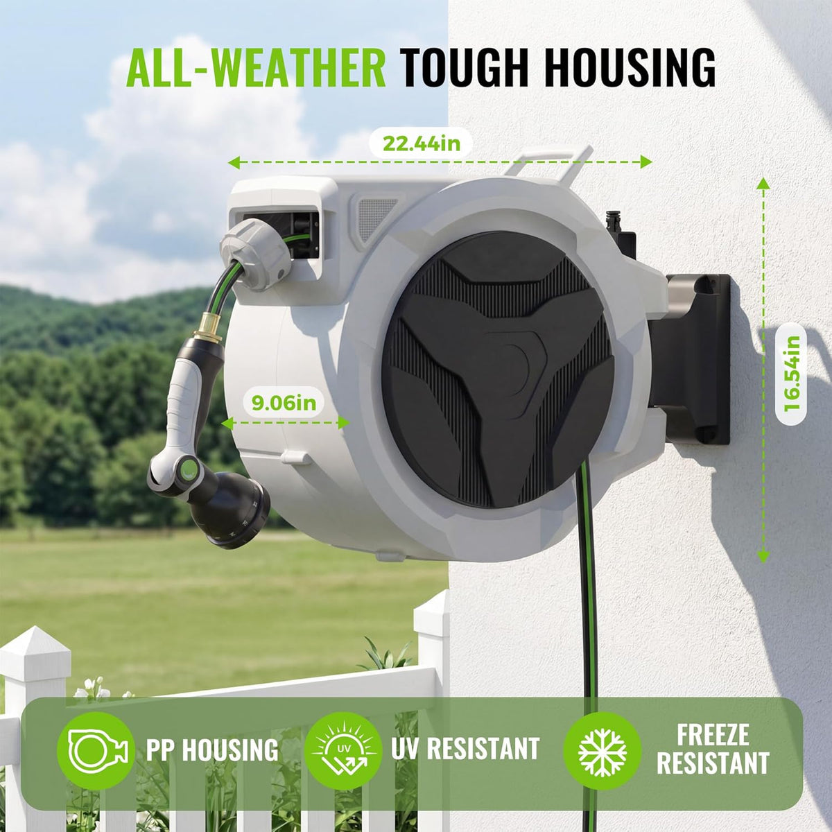 Retractable Garden Hose Reel 1/2 in x 100 ft, Heavy Duty Water Hose Reel with 10 Patterns Nozzle, Any Length Lock & Slow Rewind System, 180 Swivel Bracket Wall Mounted